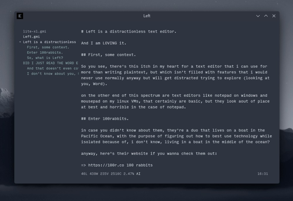 Left, a distractionless text editor